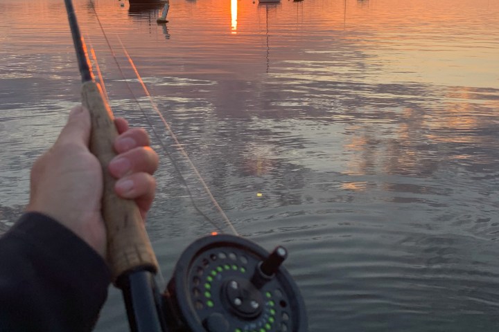 Hand holding fishing rod with sunset over calm water and boats.
