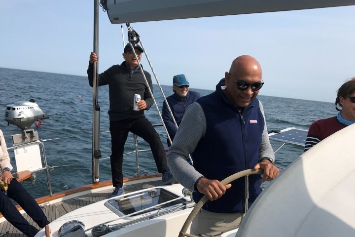 a group of people on a boat in the water