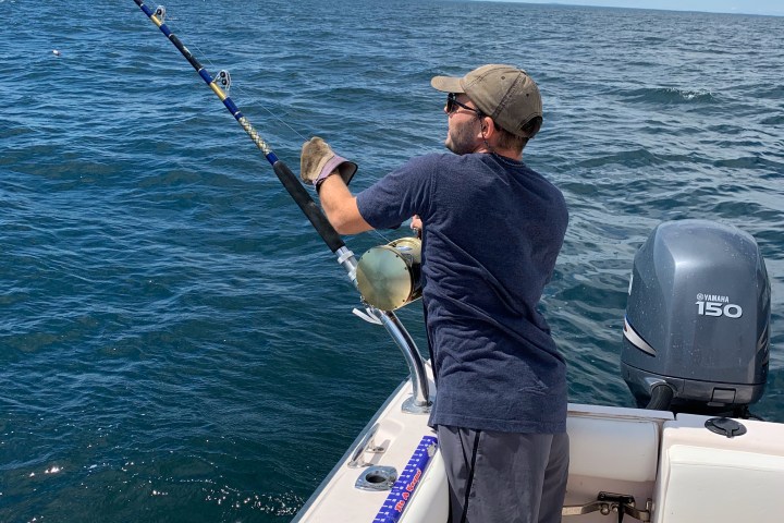 Man fishing on a boat with a bent rod under a sunny blue sky.