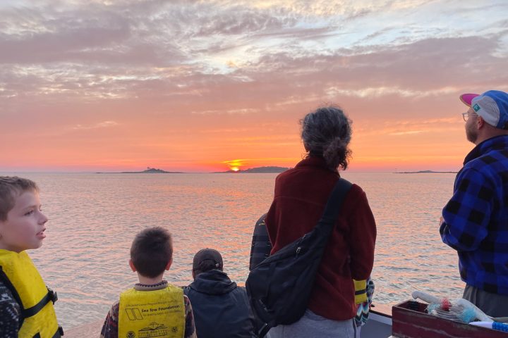 a group of people standing next to a young boy flying a kite